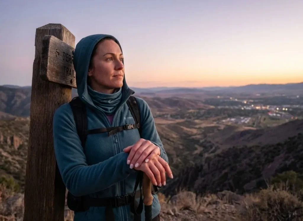 Thru-hiker in a worn Patagonia hoodie and Buff leaning on a sign post looking toward a distant town at twilight.
