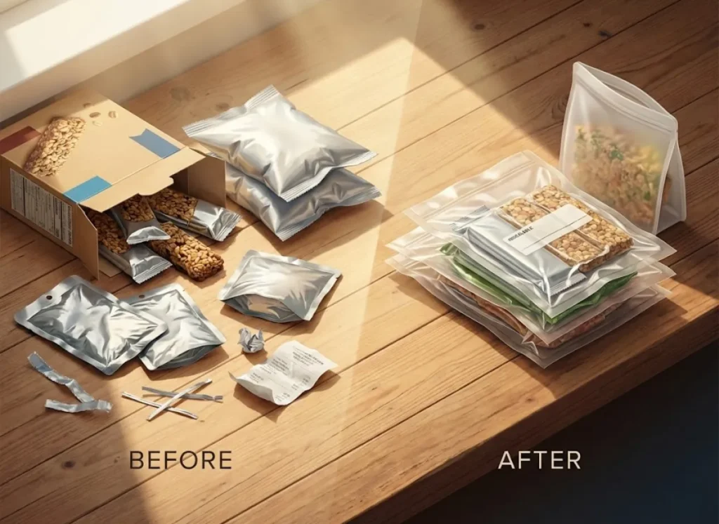 A split-screen high-definition infographic showing a wooden kitchen table. The left side features bulky commercial food packaging, while the right side shows the same food compactly vacuum-sealed. Labels read "BEFORE" and "AFTER".