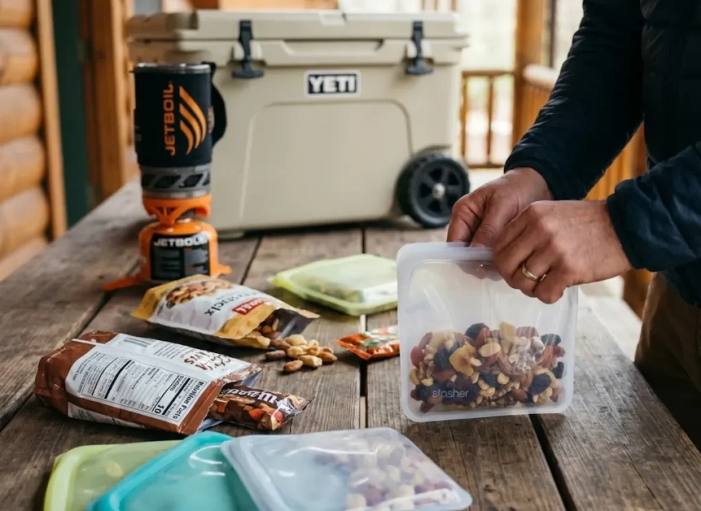 Hiker repacking food from commercial packaging into reusable Stasher silicone bags near a Jetboil stove.