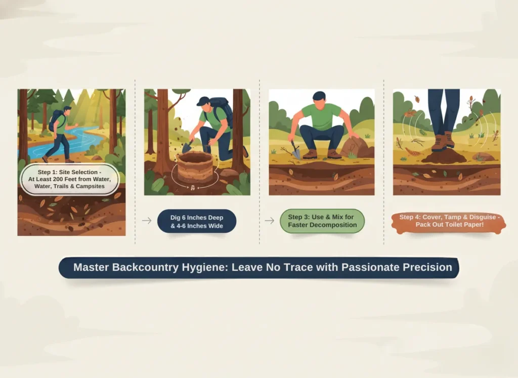 A vibrant 4-panel infographic guiding the proper steps for digging and using a cathole in backcountry settings, featuring a hiker selecting a site, digging a hole, depositing waste, and disguising the filled site, in a dynamic flat vector style with earthy tones and clear annotations.