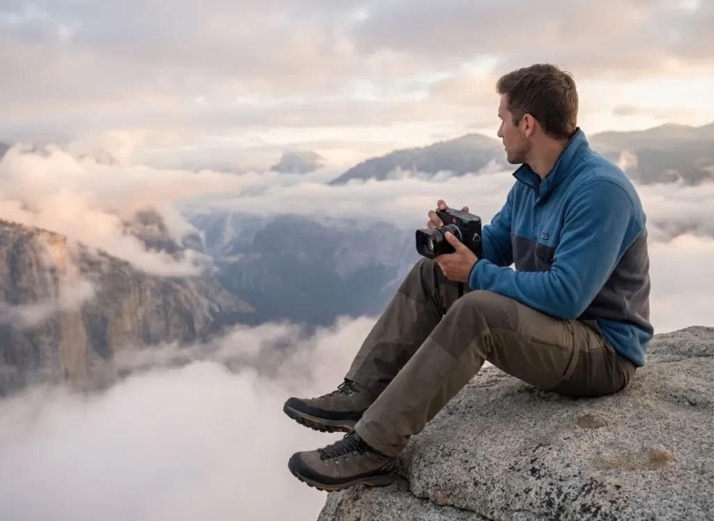 Hiker wearing Patagonia fleece sitting on a cliff edge holding a Leica camera overlooking a valley