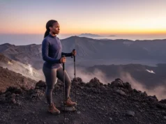 Safe Volcano Hiking Tours: A Hiker’s Prep & Gear Guide A fit Afro-American female hiker stands on the edge of a volcano at sunrise, looking out at the dramatic landscape.