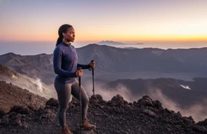 Safe Volcano Hiking Tours: A Hiker’s Prep & Gear Guide A fit Afro-American female hiker stands on the edge of a volcano at sunrise, looking out at the dramatic landscape.