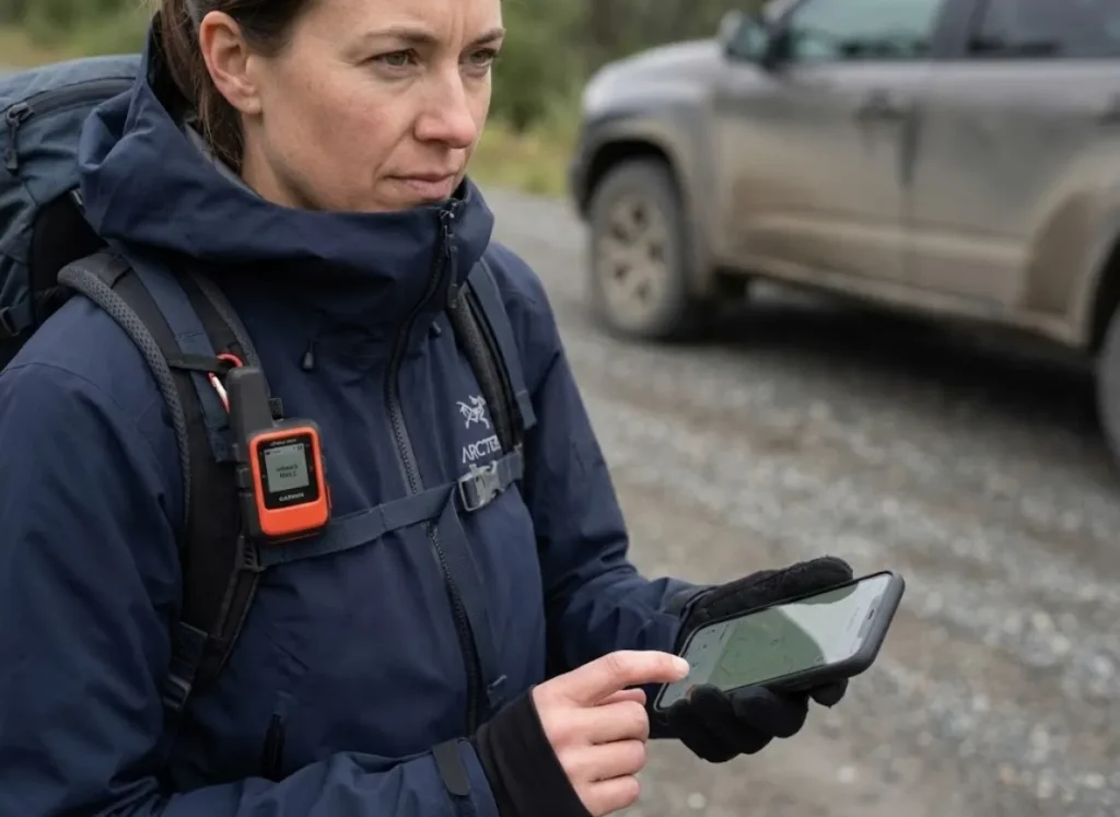 Hiker checking FarOut app and Garmin inReach Mini 2 before accepting a ride.