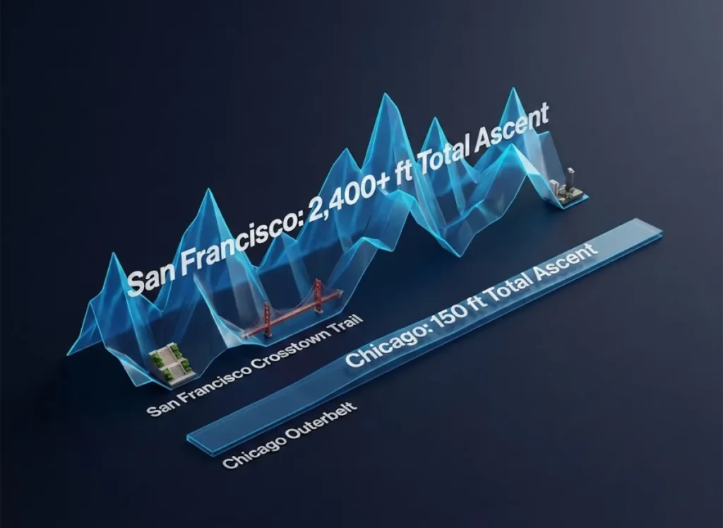 A premium 3D isometric infographic comparing the vertical elevation profiles of the San Francisco Crosstown Trail and the Chicago Outerbelt. The San Francisco profile shows steep, jagged peaks labeled with 'Total Ascent' stats, while the Chicago profile is flat, set against a sophisticated editorial backdrop.