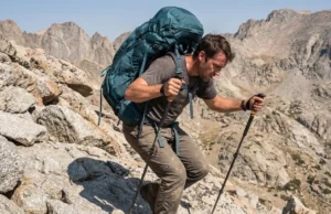 Save Your Knees: Bio-Mechanical Benefits of Trekking Poles Hiker descending steep granite terrain using Black Diamond Alpine Carbon Cork trekking poles and an Osprey backpack to distribute weight.