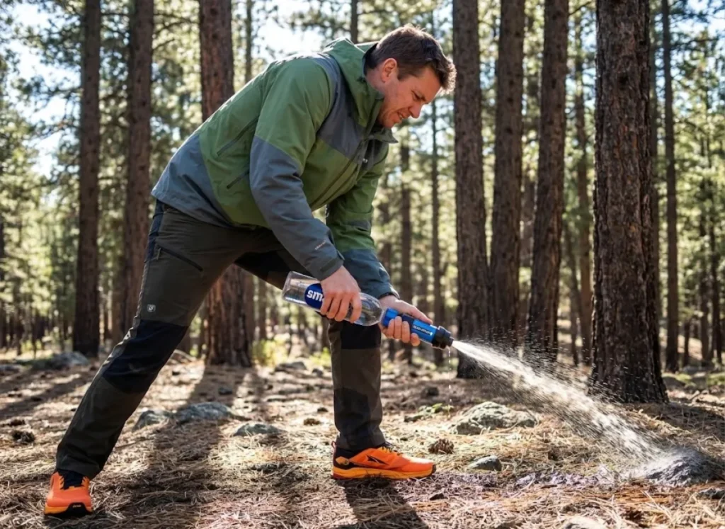 Hiker using a Sawyer Cleaning Coupling and body weight to backflush a water filter with high pressure in the woods.