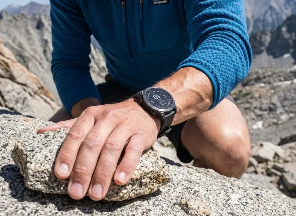 Close-up of a climber's hand gripping a granite rock on Class 3 terrain, wearing a blue Patagonia fleece and a Garmin watch, demonstrating non-technical mountaineering movement.