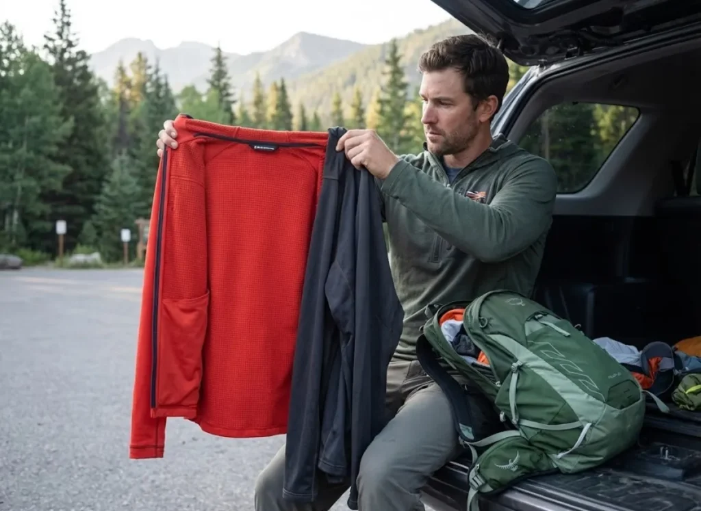 Hiker comparing a Black Diamond Alpenglow Pro Hoody against a Sitka Core Lightweight Hoody next to an Osprey backpack.