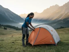 Silnylon or Dyneema? A Guide to Lifetime Value & Repair A skilled female hiker inspects her ultralight tent fabric in a stunning mountain meadow at sunrise, contemplating her gear choice.