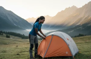 Silnylon or Dyneema? A Guide to Lifetime Value & Repair A skilled female hiker inspects her ultralight tent fabric in a stunning mountain meadow at sunrise, contemplating her gear choice.