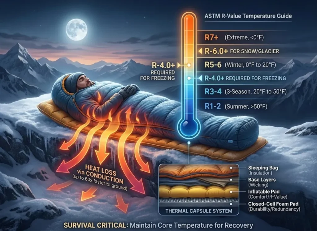 A semantic infographic illustrates a trekker in a sleeping bag on a snowy mountain. A glowing heat gradient shows 'HEAT LOSS via CONDUCTION (up to 60x faster to ground)'. A prominent color-coded 'ASTM R-Value Temperature Guide' thermometer chart is integrated, linking R-values (1-7+) to safe temperatures, with 'R-4.0+ REQUIRED FOR FREEZING' and 'R-6.0+ FOR SNOW/GLACIER' highlighted. Below, a cross-section labeled 'THERMAL CAPSULE SYSTEM' shows layering of a sleeping bag, base layers, inflatable pad, and closed-cell foam pad. The style is a premium vector-realism fusion with volumetric lighting.
