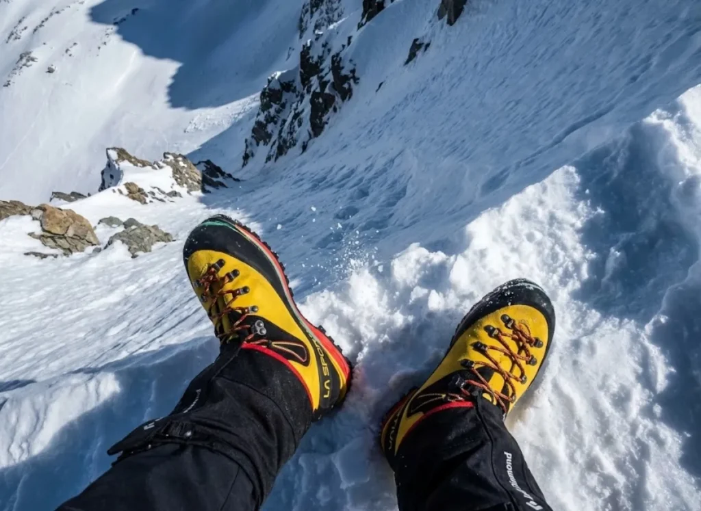 POV looking down a steep snowy slope wearing La Sportiva Nepal Cube GTX boots, illustrating fall risk.
