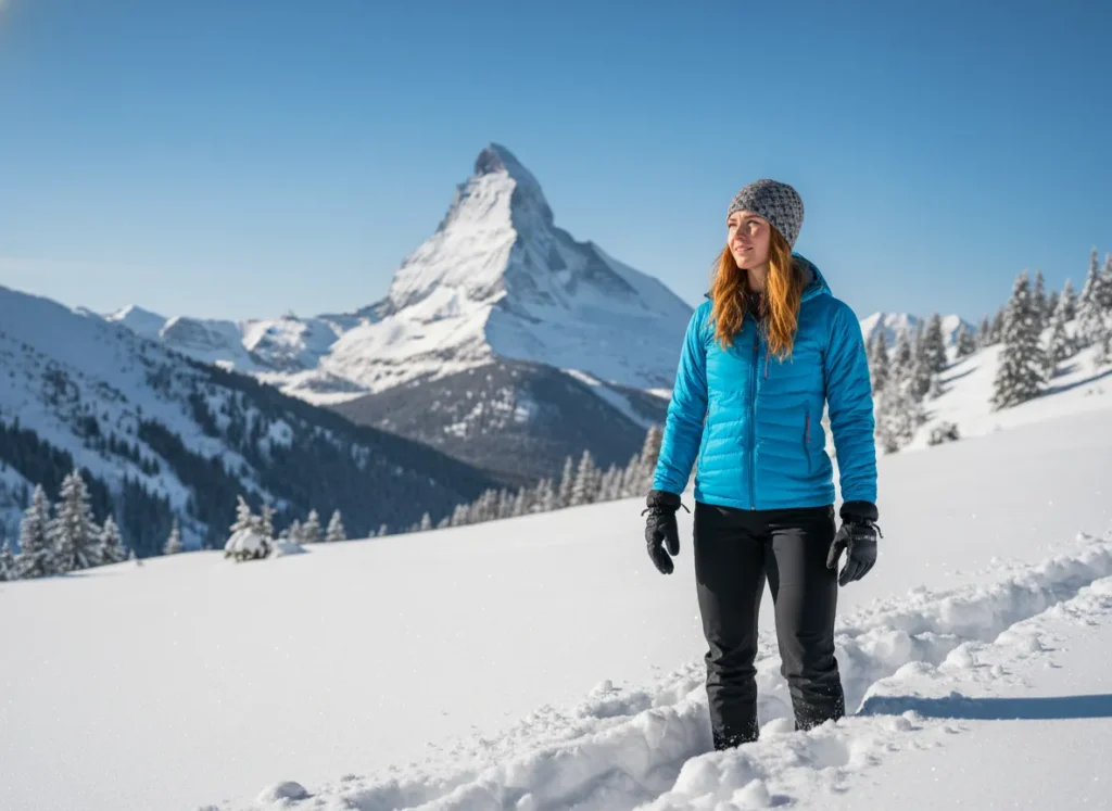 A female hiker with red hair stands in a snowy mountain landscape, wearing snowshoes and looking confidently towards the trail ahead.