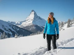 Snowshoe Sizing & Selection: A Hiker’s Data-Backed Guide A female hiker with red hair stands in a snowy mountain landscape, wearing snowshoes and looking confidently towards the trail ahead.