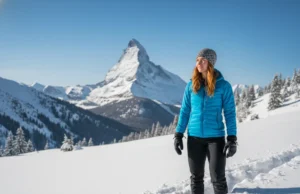 Snowshoe Sizing & Selection: A Hiker’s Data-Backed Guide A female hiker with red hair stands in a snowy mountain landscape, wearing snowshoes and looking confidently towards the trail ahead.