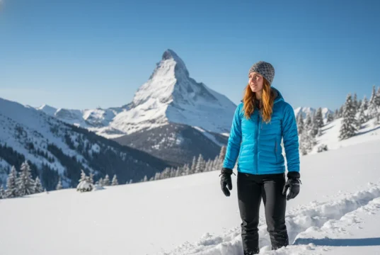 Snowshoe Sizing & Selection: A Hiker’s Data-Backed Guide A female hiker with red hair stands in a snowy mountain landscape, wearing snowshoes and looking confidently towards the trail ahead.