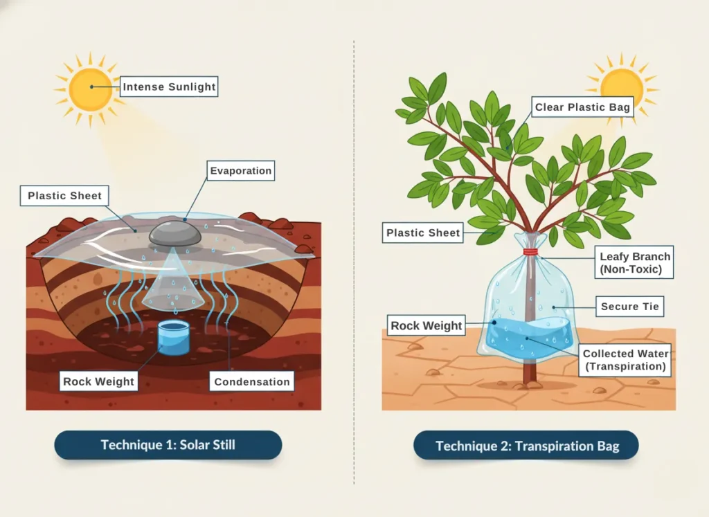 A 2-panel infographic diagram illustrating survival water collection methods. The left panel shows a cross-section of a solar still with labels for sunlight, evaporation, and condensation. The right panel shows a plastic transpiration bag tied over a leafy branch to collect water.