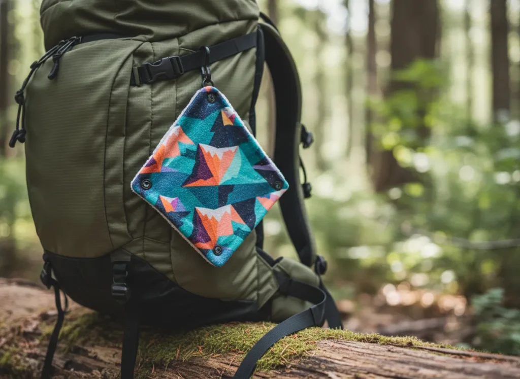 A close-up of a modern hiking backpack with a reusable antimicrobial pee cloth clipped to the outside, representing specialized hygiene gear.