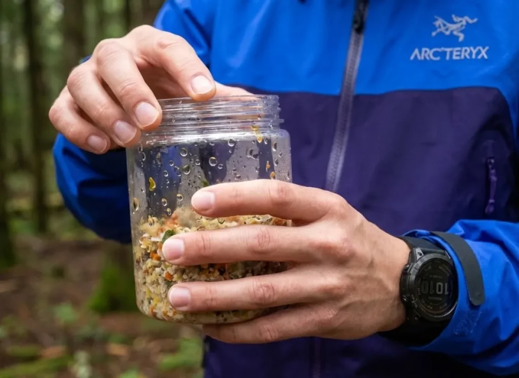 Close up of oil beading on the side of a plastic cold soak jar held by a hiker wearing an Arc'teryx jacket and Garmin watch.