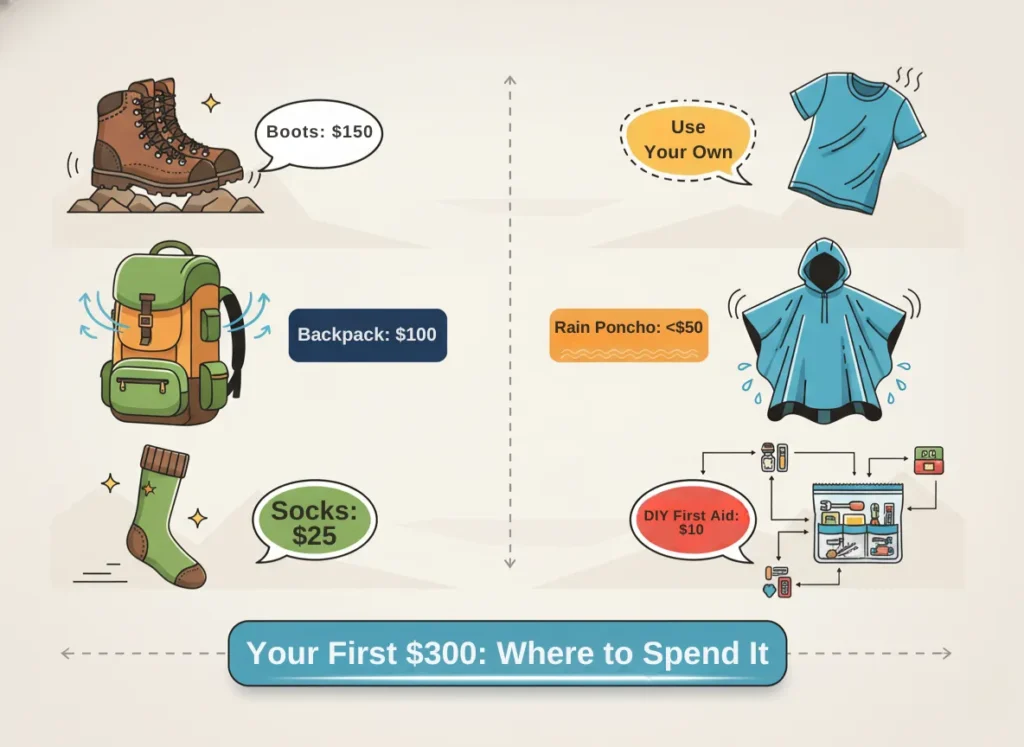 A vibrant two-column infographic illustrating smart budgeting for beginner hikers, with the left column dedicated to essential investments like durable boots, a ventilated backpack, and cushioned socks featuring budget breakdowns, contrasted against the right column's thrift-savvy options including everyday moisture-wicking shirts, affordable rain ponchos, and DIY first-aid kits using household items, all in a dynamic outdoor-inspired vector style.