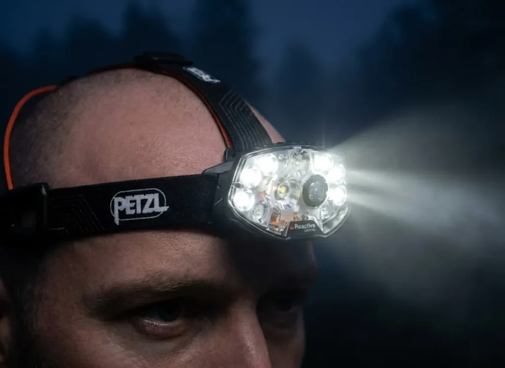 Close-up of a Petzl Nao RL headlamp emitting a powerful beam of light through mist, highlighting the lens technology and reflective headband strap.