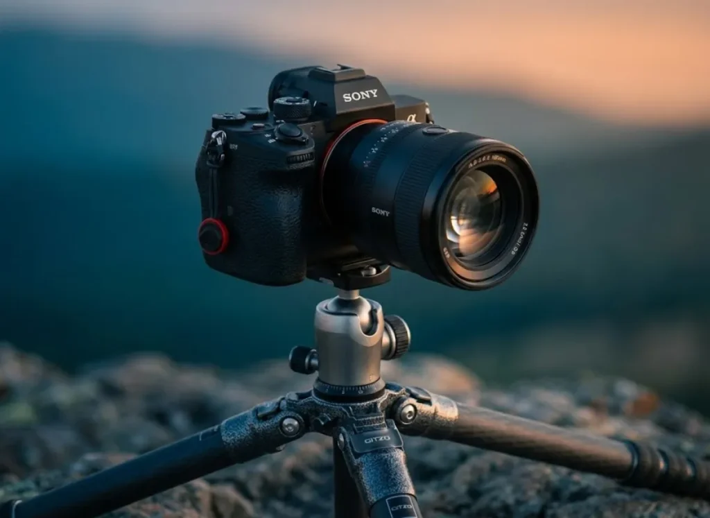 Macro shot of a Sony Alpha camera on a carbon fiber tripod, with the lens glass reflecting the colors of the pre-dawn sky during the blue hour.