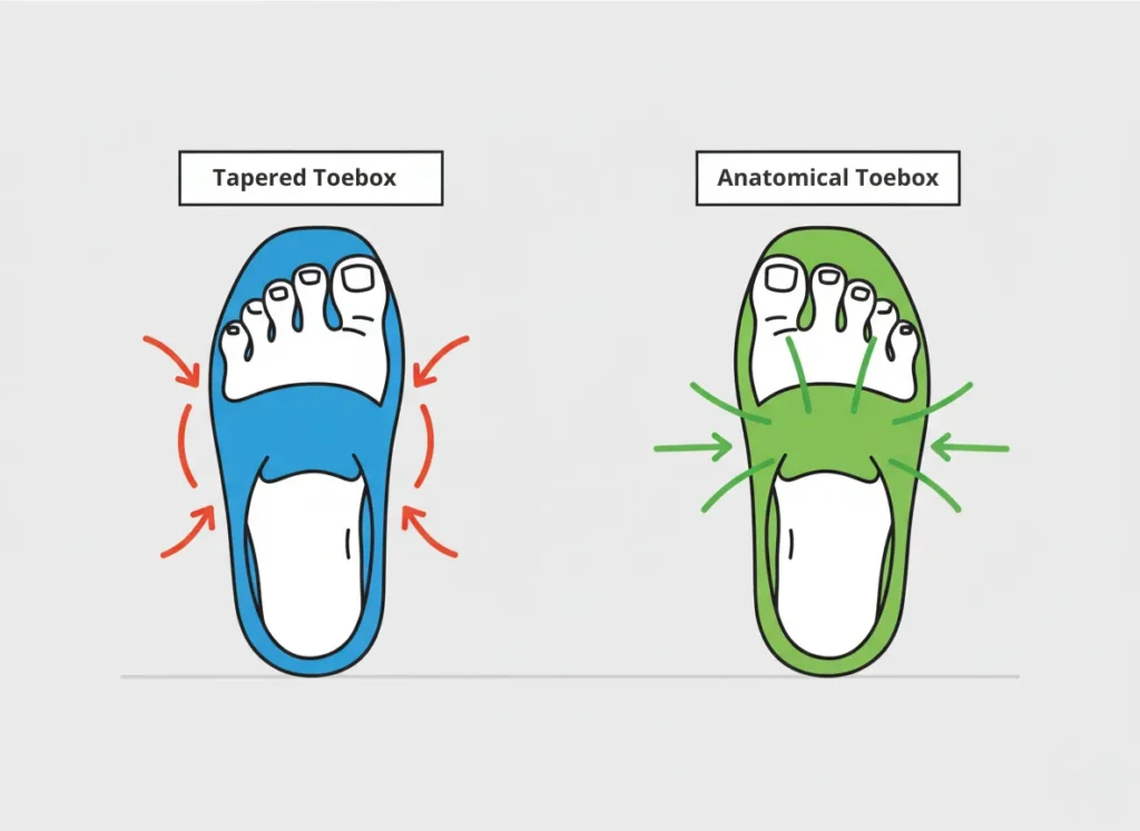 Comparative diagram showing top-down views of a foot in a traditional tapered toebox with compressed toes on the left, versus an anatomical foot-shaped toebox with splayed toes on the right, highlighted by directional arrows for visual contrast in hiking shoe fit.