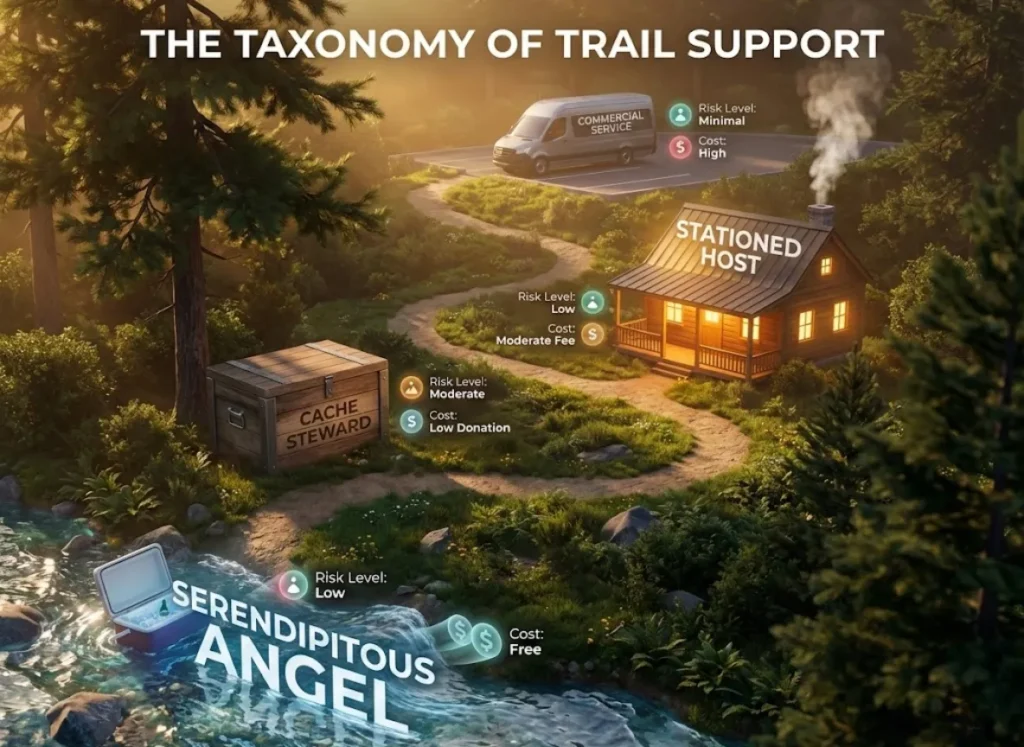 A sophisticated 3D isometric infographic illustrating the hierarchy of hiker support, ranging from serendipitous acts of kindness to organized commercial services, set against a stylized mountain trail with premium vector-realism aesthetics.
