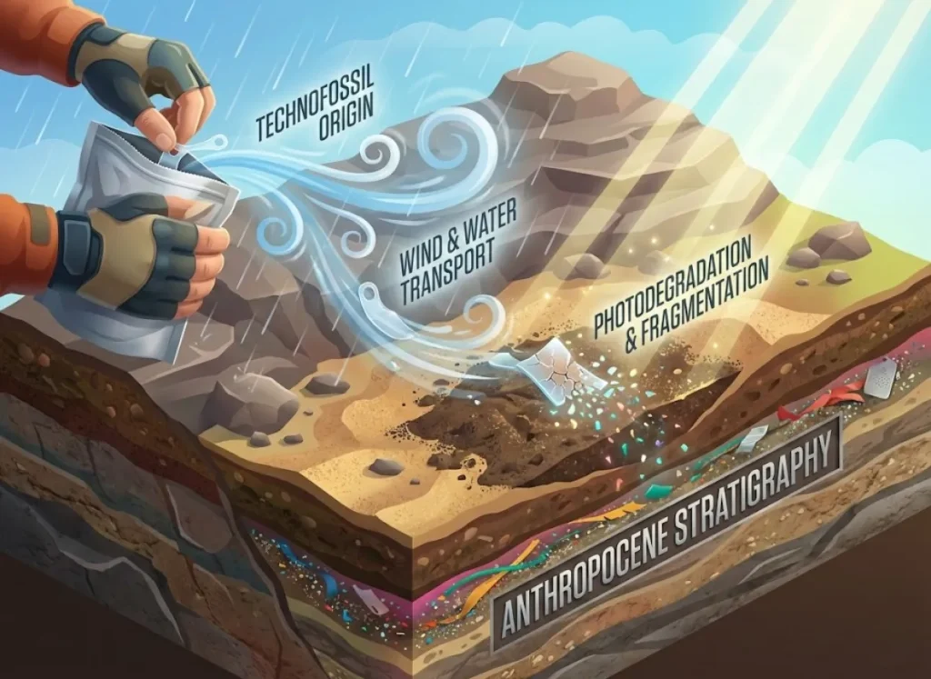A sophisticated infographic illustrating the journey of a small plastic fragment from a hiker's meal pouch, blown by wind and water into the soil. It shows the plastic photodegrading into microplastics under UV light and settling into a deep geological layer labeled 'ANTHROPOCENE STRATIGRAPHY', creating a permanent synthetic record in the earth's crust.