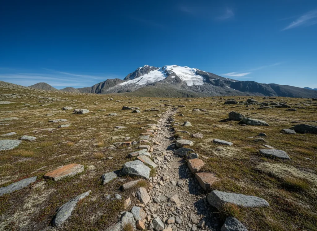 A stark and fragile high-alpine landscape with a rocky trail and snow, illustrating a challenging terrain for waste disposal.