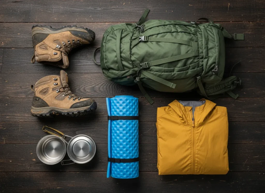 A flat lay of essential budget hiking gear, including a backpack, boots, sleeping pad, and cookset, arranged on a wooden surface.