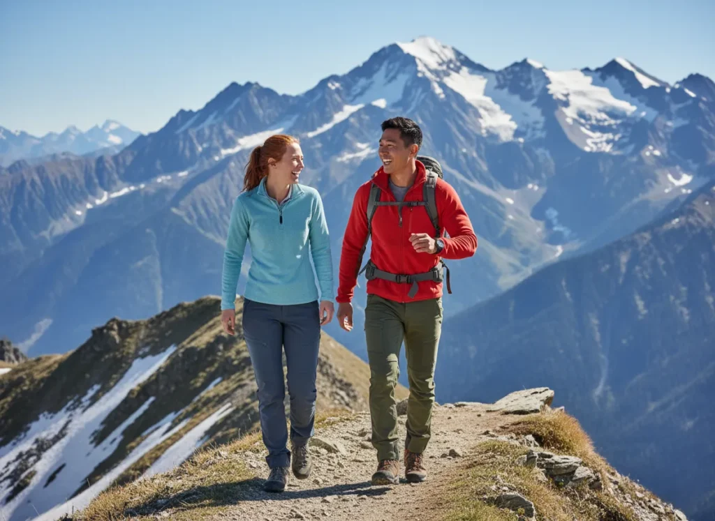 An athletic couple hiking happily together on a mountain ridge, both wearing high-performance convertible hiking pants.