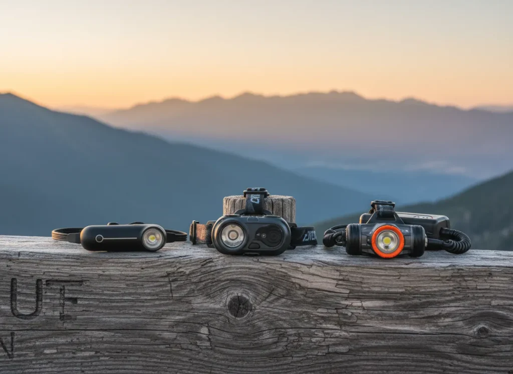 Three top-rated hiking headlamps for different needs are displayed on a rustic wooden surface with a mountain view.
