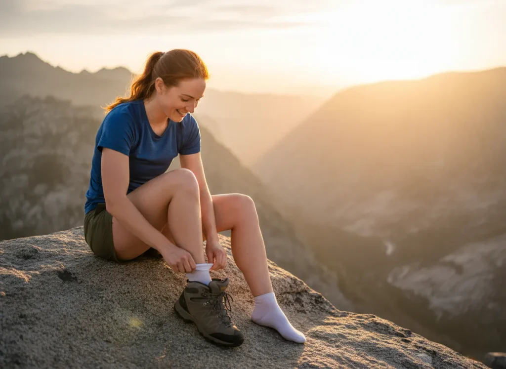 A female hiker with red hair sitting on a rock on a mountain top, putting on a hiking liner sock with her boots nearby.