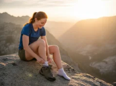The Best Hiking Liner Socks: A Field-Tested Analysis A female hiker with red hair sitting on a rock on a mountain top, putting on a hiking liner sock with her boots nearby.