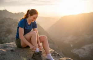 The Best Hiking Liner Socks: A Field-Tested Analysis A female hiker with red hair sitting on a rock on a mountain top, putting on a hiking liner sock with her boots nearby.