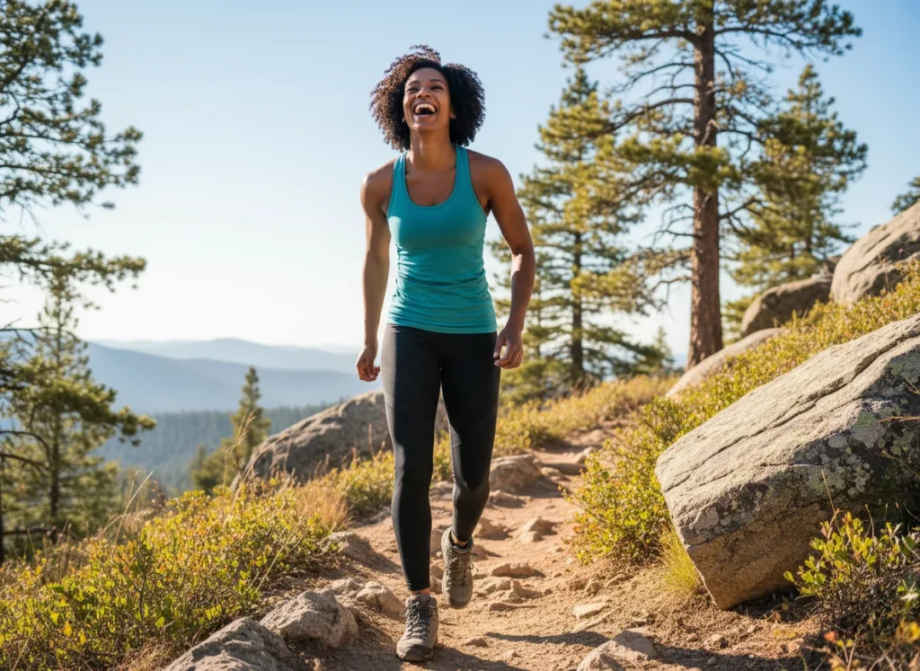 An athletic woman laughing joyfully while hiking up a sunny mountain trail, showcasing the comfort of her gear.