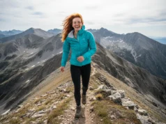 The Best Hiking Wind Jacket for Trail Performance A beautiful athletic woman in her late 20s hiking on a windy mountain ridge while wearing a high-performance wind jacket and smiling confidently.