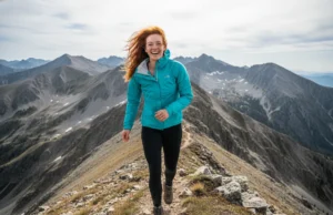 The Best Hiking Wind Jacket for Trail Performance A beautiful athletic woman in her late 20s hiking on a windy mountain ridge while wearing a high-performance wind jacket and smiling confidently.