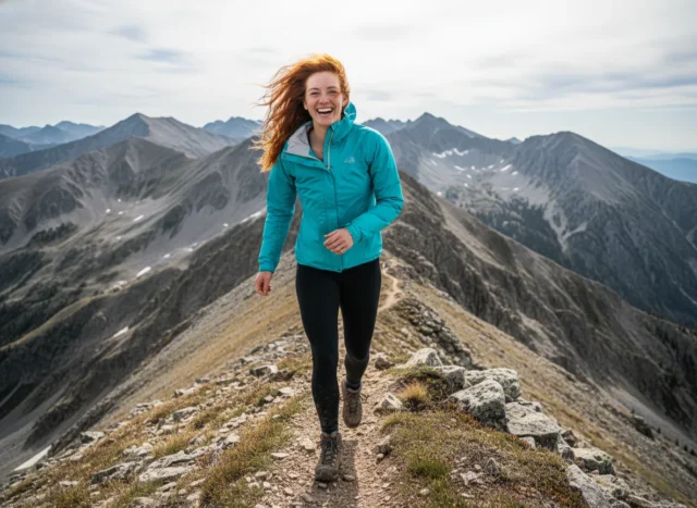 the-best-hiking-wind-jacket-for-trail-performance A beautiful athletic woman in her late 20s hiking on a windy mountain ridge while wearing a high-performance wind jacket and smiling confidently.