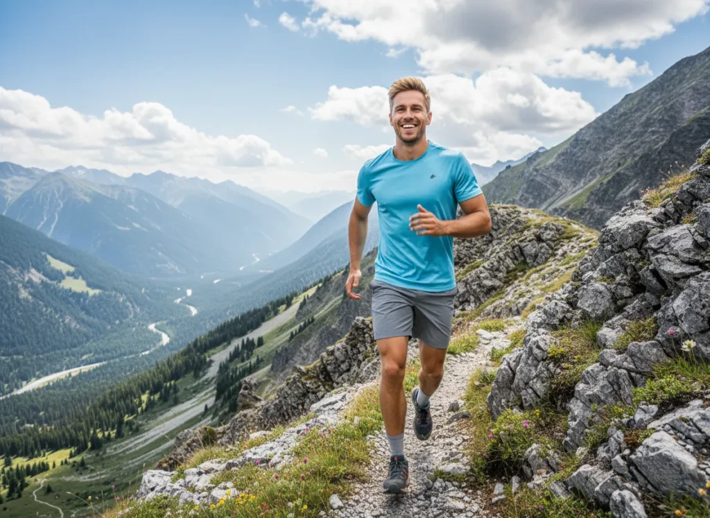 A fit blonde man in his early 30s hikes energetically along a scenic mountain ridge, wearing zero-drop trail shoes.