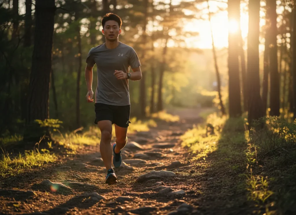 A fit Japanese man trail running efficiently down a forest path, showcasing controlled biomechanics.