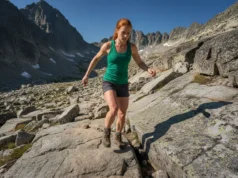 The Boot Shank: A Hiker’s Guide to Trail Stability A fit redhead female hiker carefully stepping over large rocks on a sunny mountain trail, showcasing stability and focus.