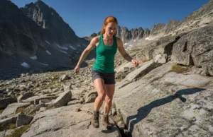 The Boot Shank: A Hiker’s Guide to Trail Stability A fit redhead female hiker carefully stepping over large rocks on a sunny mountain trail, showcasing stability and focus.