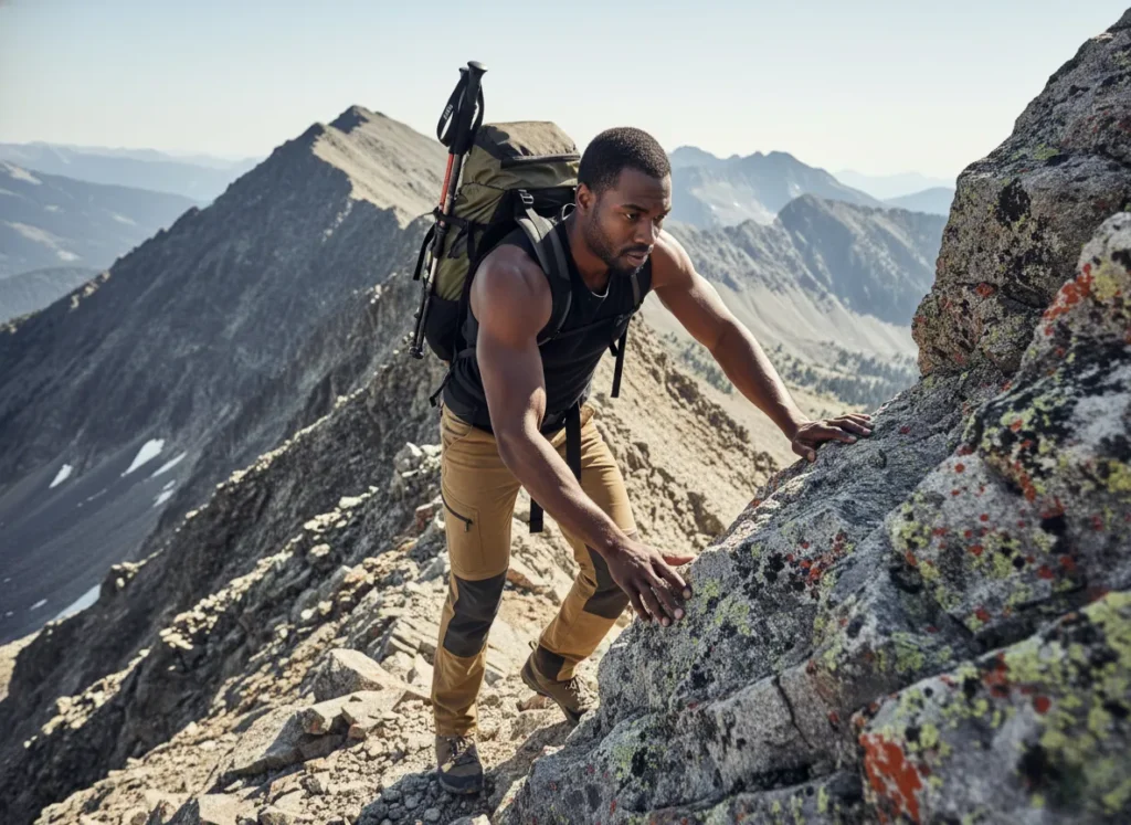A male hiker with trekking poles stowed on his pack uses his hands to navigate a technical rock scramble on a mountain ridge.