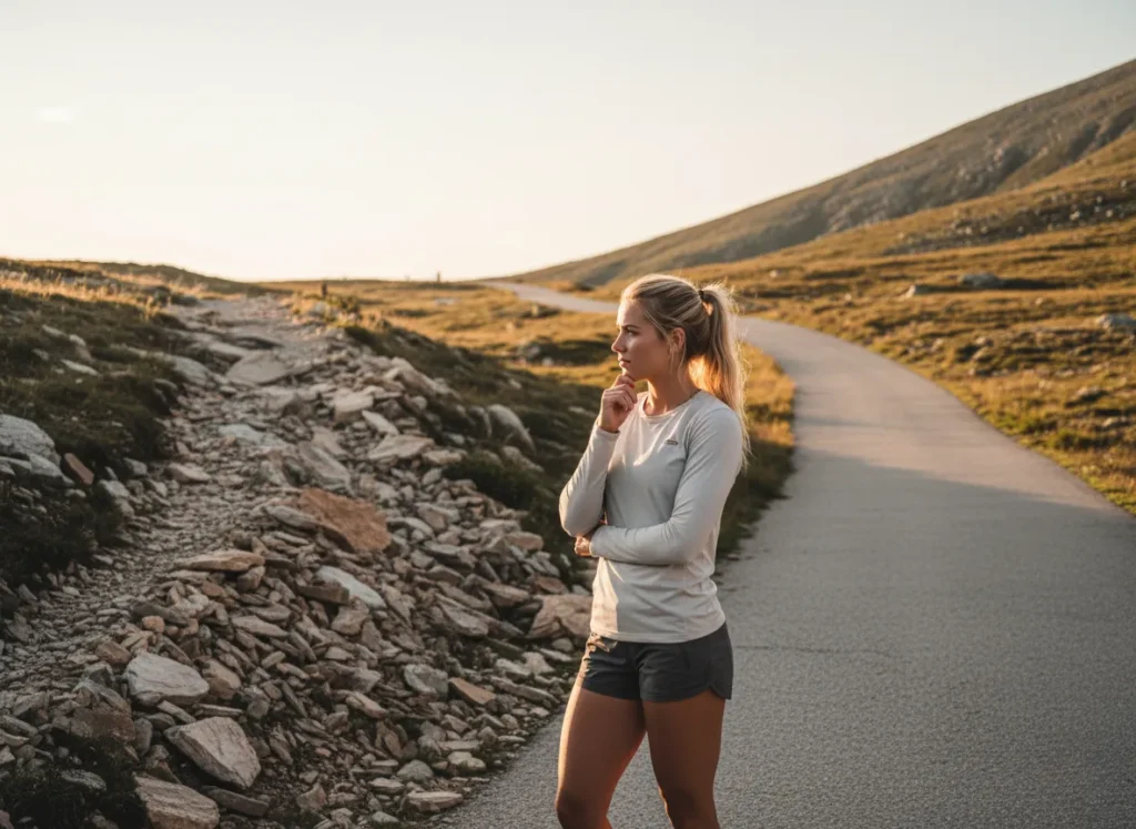 A thoughtful blonde hiker standing at a fork in the trail, deciding between a smooth path and a rocky one.