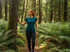 The Hiker’s Field Guide: How to Poop in the Woods A confident female hiker with red hair stands on a sunlit forest trail, looking off into the woods thoughtfully.