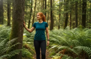 The Hiker’s Field Guide: How to Poop in the Woods A confident female hiker with red hair stands on a sunlit forest trail, looking off into the woods thoughtfully.
