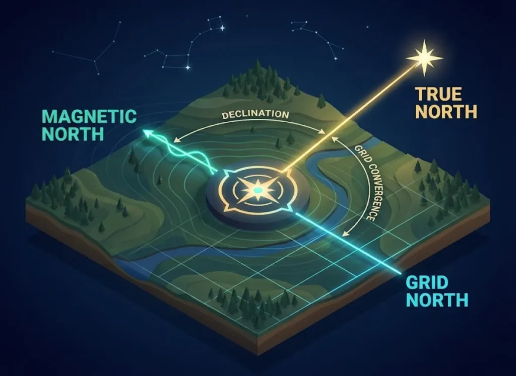 A high-end 3D infographic showing a topographic landscape with three distinct light vectors radiating from a central point: True North pointing to a star, Magnetic North following a magnetic pulse, and Grid North aligned with a map grid. Integrated labels explain Declination and Grid Convergence.